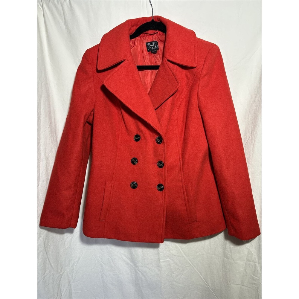 Simply Styled Women’s Large Peacoat Red Double Breasted‎ Jacket Coat EUC I7
